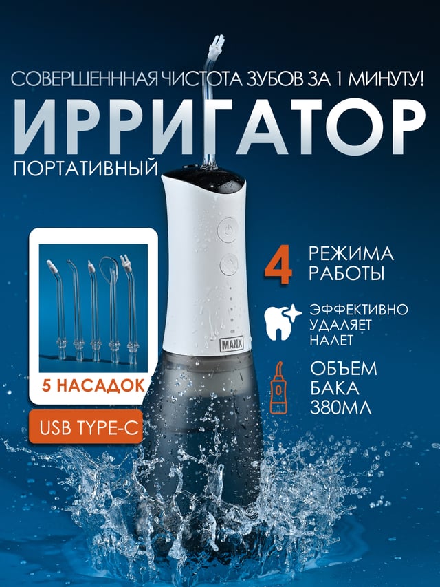 Инфографика для карточки маркетплейса — портативный ирригатор, 4 режима и 5 насадок